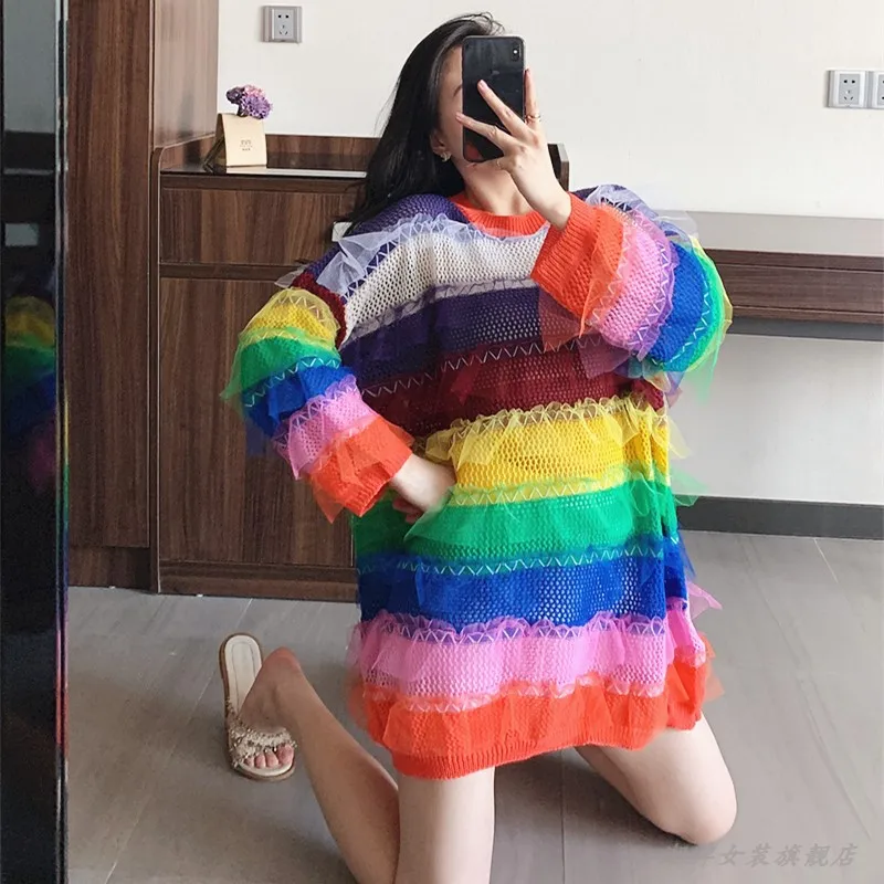 QING MO Женский пуловер свитер осень 2020 Радужный полосатый вязаный сетчатый в стиле