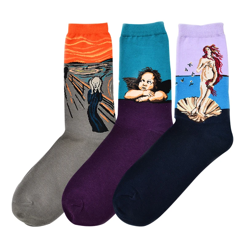 3 Pairs/Lot Hot Dropshipping winter Retro Women New Art Van Gogh Mural World Famous Oil Painting Series Female Socks Funny Socks