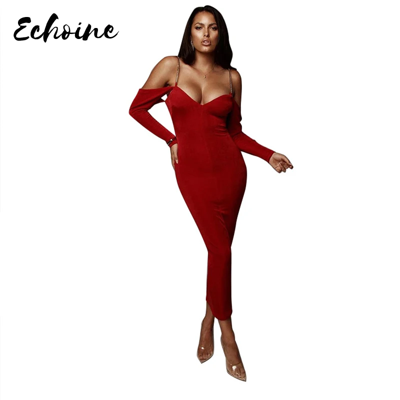 Длинное облегающее платье макси с металлической цепочкой на бретельках|Женские