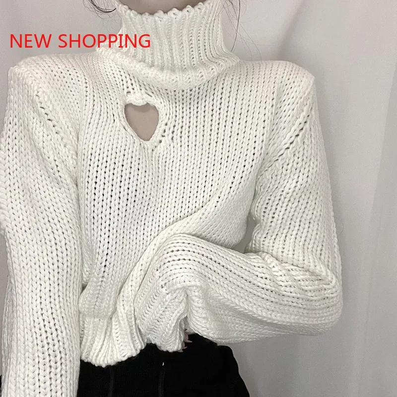 

Fashion Turtleneck Crop Sweaters Women Autumn Winter Chic Heart-shaped Hollow Out Pullover Girl Sexy Long Sleeve Short Knitwear