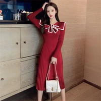 navy collar knitted pleated dress female spring and winter new long sleeved basic sweater dresses
