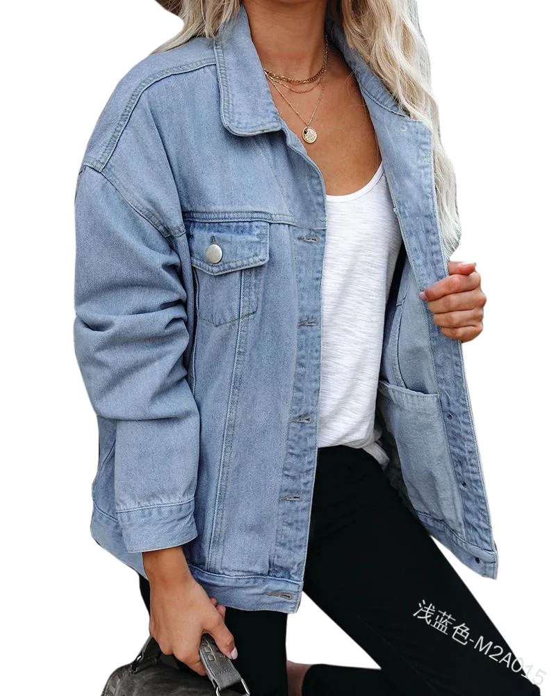 

Mandylandy Women Denim Coat Lady Vintage Jacket Casual Long Sleeve Boyfriend Style Coat with Pockets Plus Size