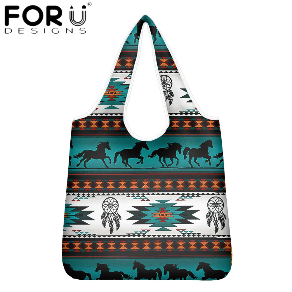 

FORUDESIGNS Women Shopping Bag Tribe Pattern Horse Pattern Printing Women Reusable Shopper Totes Bag Casual Handbags Bolsa