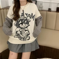 high quality autumn winter bear knitting v neck long sleeve pullover female ladies sweaters embroidery cartoon patchwork femme
