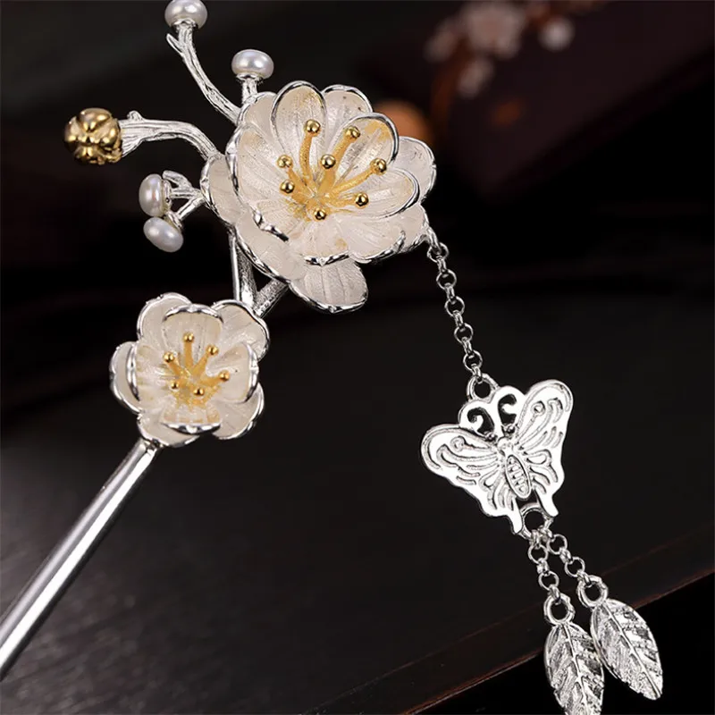Uglyless Handmade Flowers Hair Sticks for Women Real 925 Silver Butterfly Leaves Tassels Forks Ethnic Floral Jewelry | Украшения и