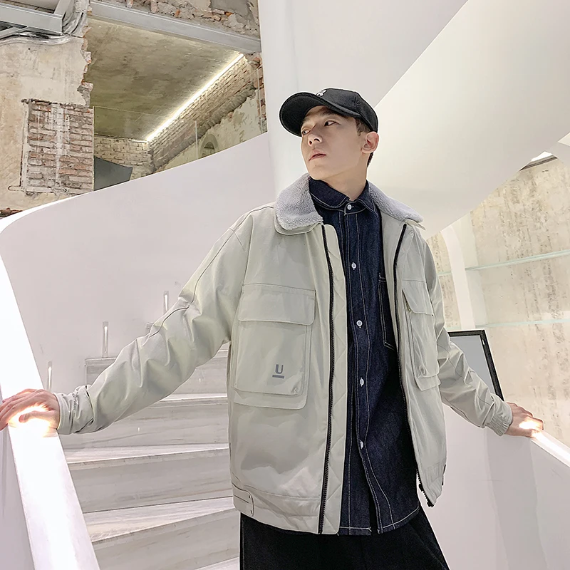 

Зимняя приталенная куртка с плюшевым воротником, черная повседневная мужская куртка