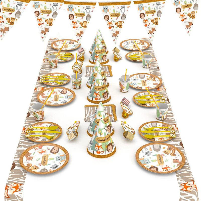 

New Jungle Animals Theme Party Disposable Tableware Set Woodland Plate Napkin Cup Tablecloth Birthday Party Decorations Supplies