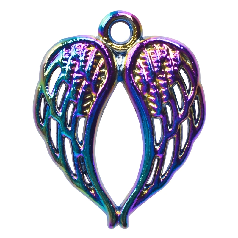 

10PC/lot 21X17MM Rainbow Color Double Angel Wing Pendant Charms Alloy Floating Pendant Fit For Necklace Bracelet Floating Locket