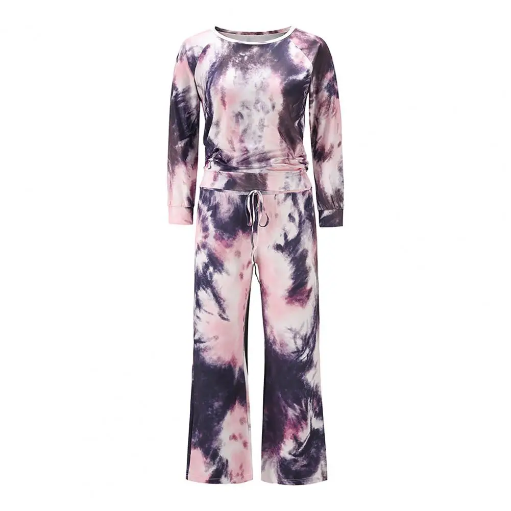

Casual Pajamas 2 Piece Sets Women Autumn Tie Dye Print O Neck Long Sleeve Tops+Elastic Waist wide leg Pants Femme Tracksuits