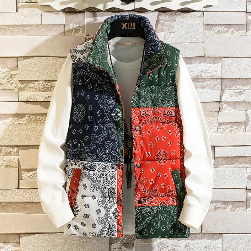 

Autumn Winter Cotton-Padded Vest Jacket Fashion Cashew Printed Pattern Slim Fit Sleeveless Garment Thick Warm Waistcoat Clothing