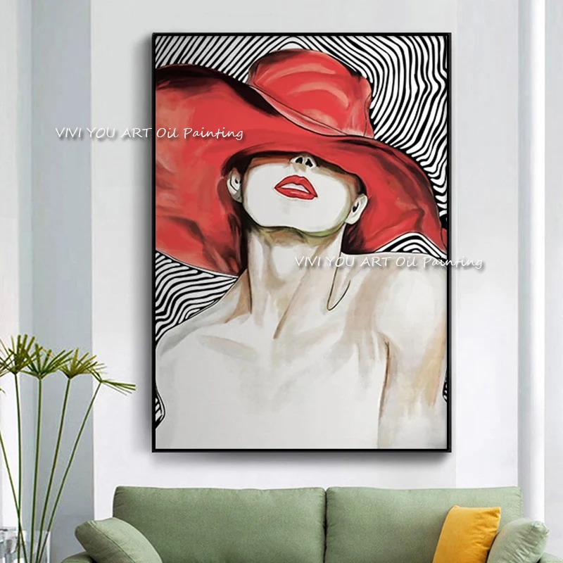 

Handmade Oil Painting Picture Woman wear a cap Painting Paint Handmade Oil Painting Wall Art Picture Home Decor