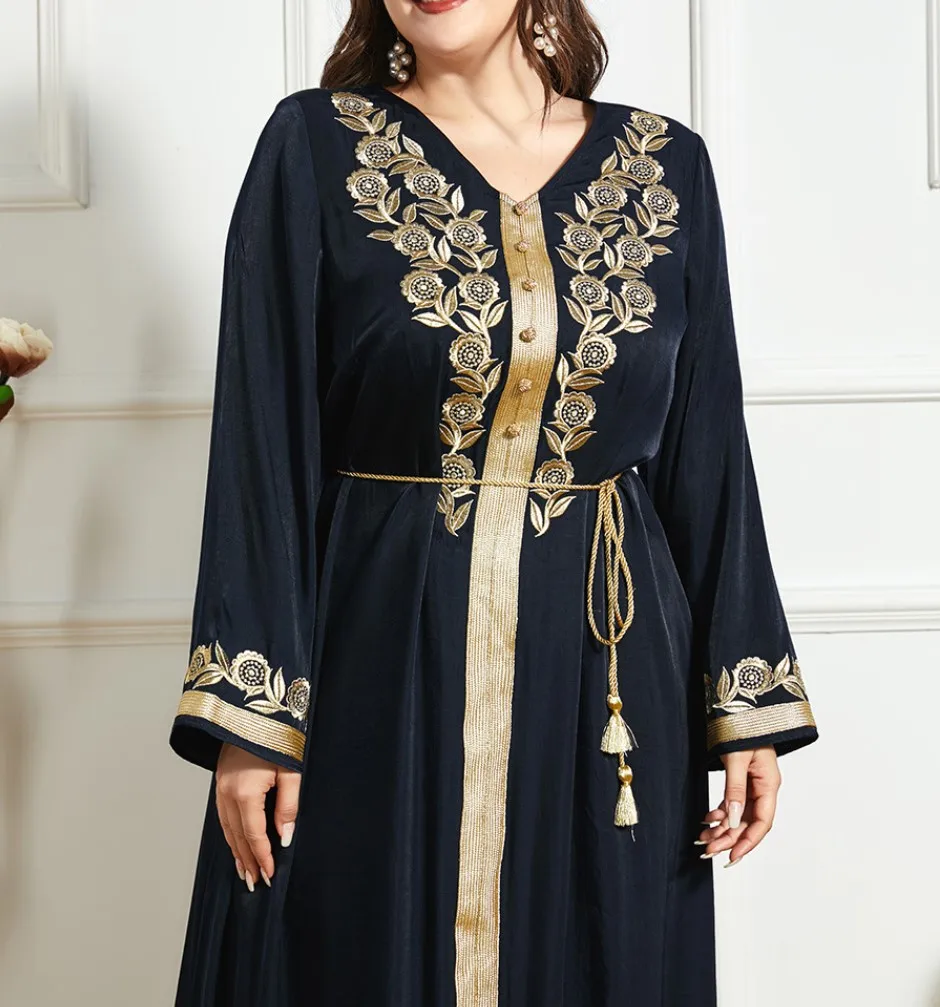 

Long Dress Embroidery 2021 Summer Fashion New Muslim Women's Dress Solid Color Long Sleeves V-neck Casual Loose Maxi Dresses