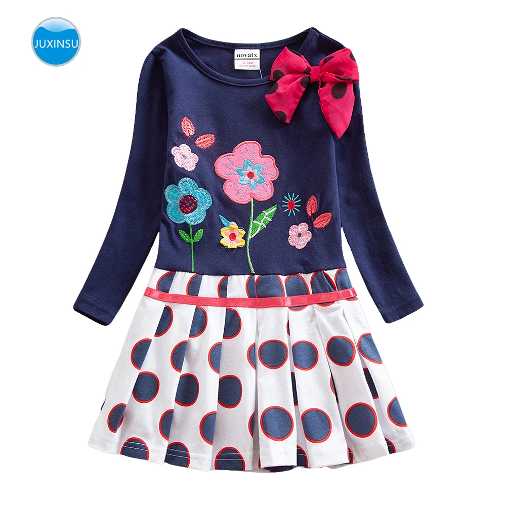 JUXINSU Girl Cotton Flower Embroidery Long Sleeve Dress Bow Girls Autumn Winter Casual Wave Point Dresses for 1-8 Year | Детская одежда