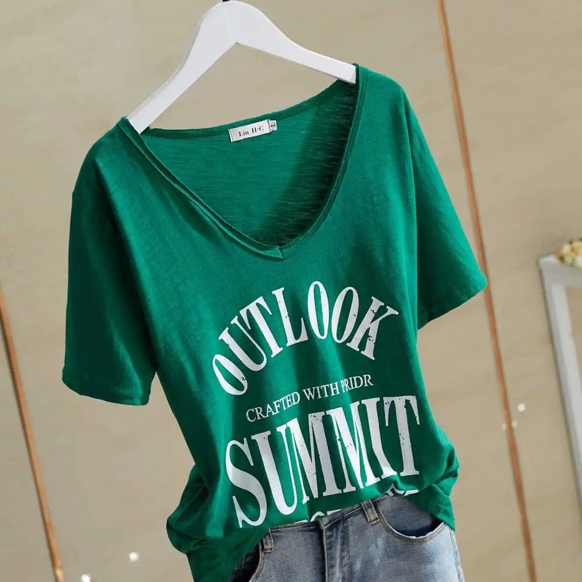 

Женская хлопковая Футболка с V-образным вырезом и коротким рукавом