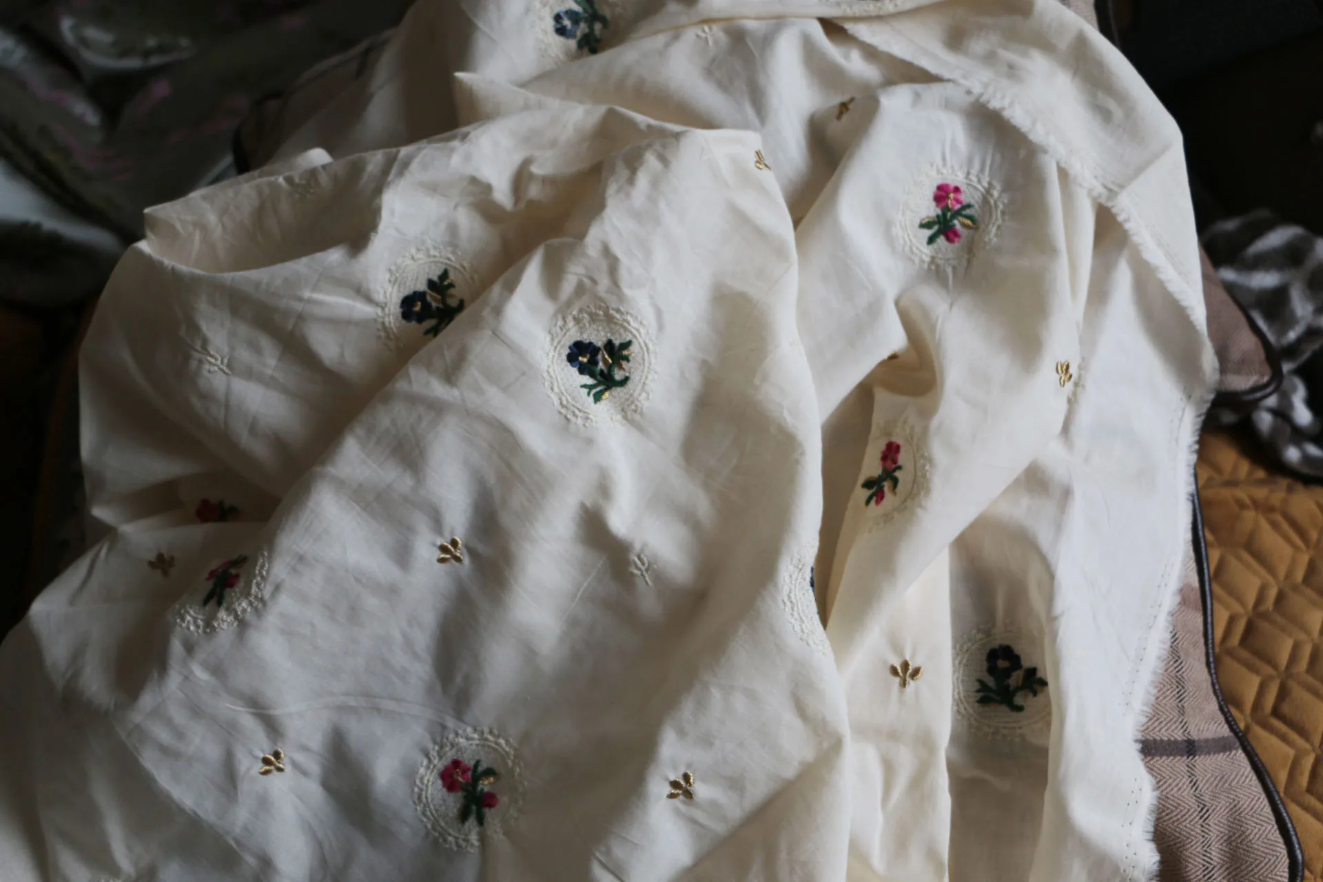 

140cm Width Vintage palace style exquisite Lolita embroidery small gold thread cotton embroidered light rice white fabric