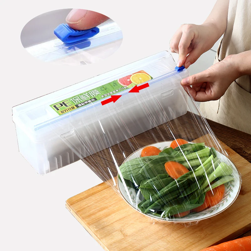 

Plastic Food Wrap Dispenser with Slide Cutter Adjustable Cling Film Cutter Preservation Foil Storage Box with Suction Bottom Hot