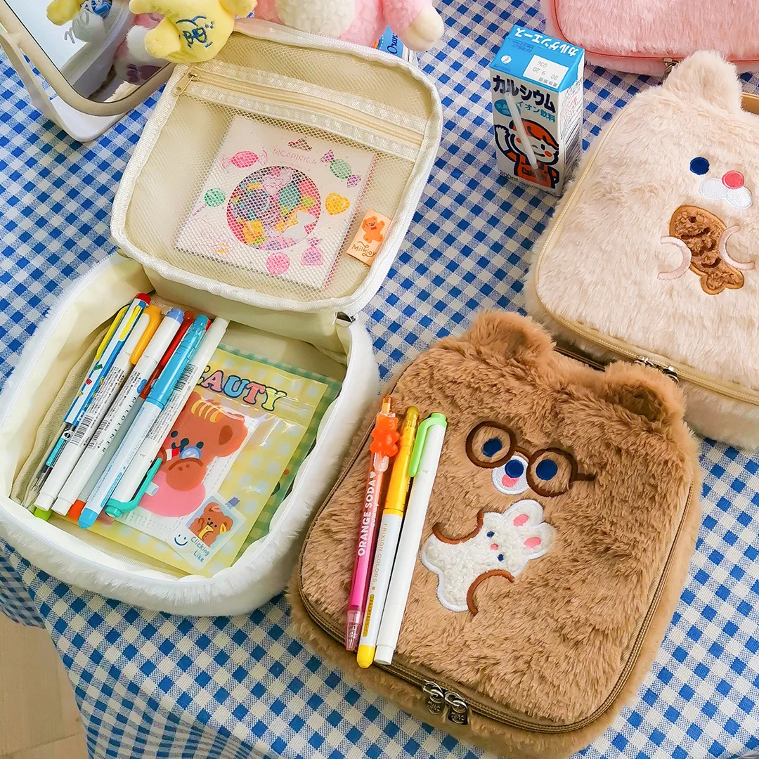 

Women Square cosmetic bag cute cartoon animal embroidery plush storage bag Girl ins wind large capacity pencil case