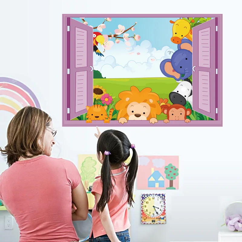 

Removable 3D wall sticker cartoon animal false window children's bedroom PVC waterproof decoration sticker