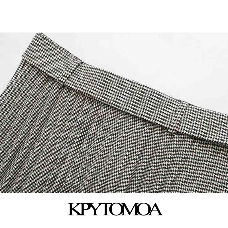 

KPYTOMOA Women 2020 Chic Fashion Office Wear Houndstooth Pleated Midi Skirt Vintage High Waist With Belt Female Skirts Faldas