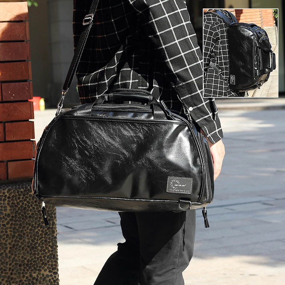 PU Leather Travel Bag Men Gym Backpack Large Capacity Tote Luggage Handbag Sports Training Fitness Shoulder Bags X164D