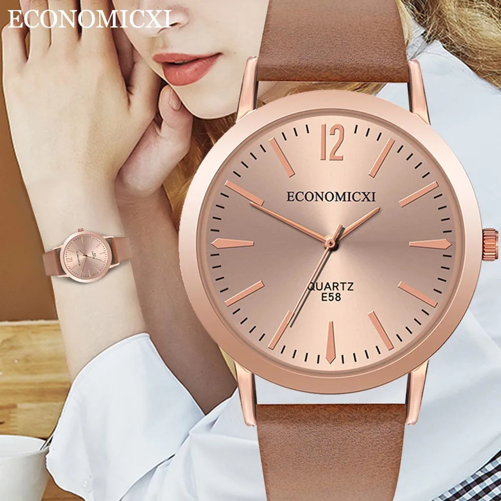 

Роскошные женские часы, модные кварцевые часы из нержавеющей стали с розовым золотым циферблатом, повседневные наручные часы с кожаным рем...