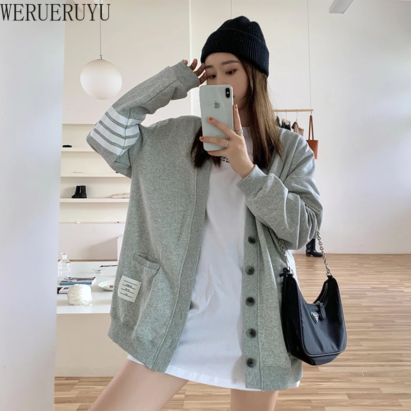 

WERUERUYU Button Up Cardigan Women Jumper Long Sweater Gray Black Winter Korean Pastel Knitted Loose Coat Female Student