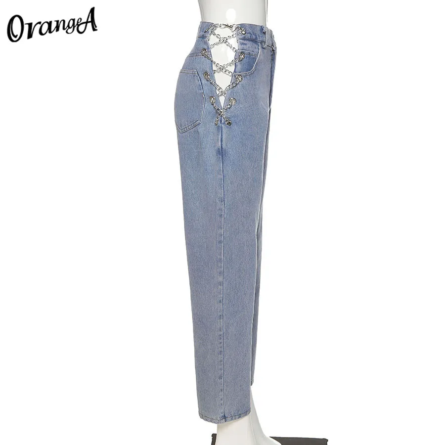 

OrangeA Women Y2K Pants Harajuku Chic High Waist Hollow Out Pockets Design Mujer Jeans Fitness Fabric Strgight Loose Streetwear