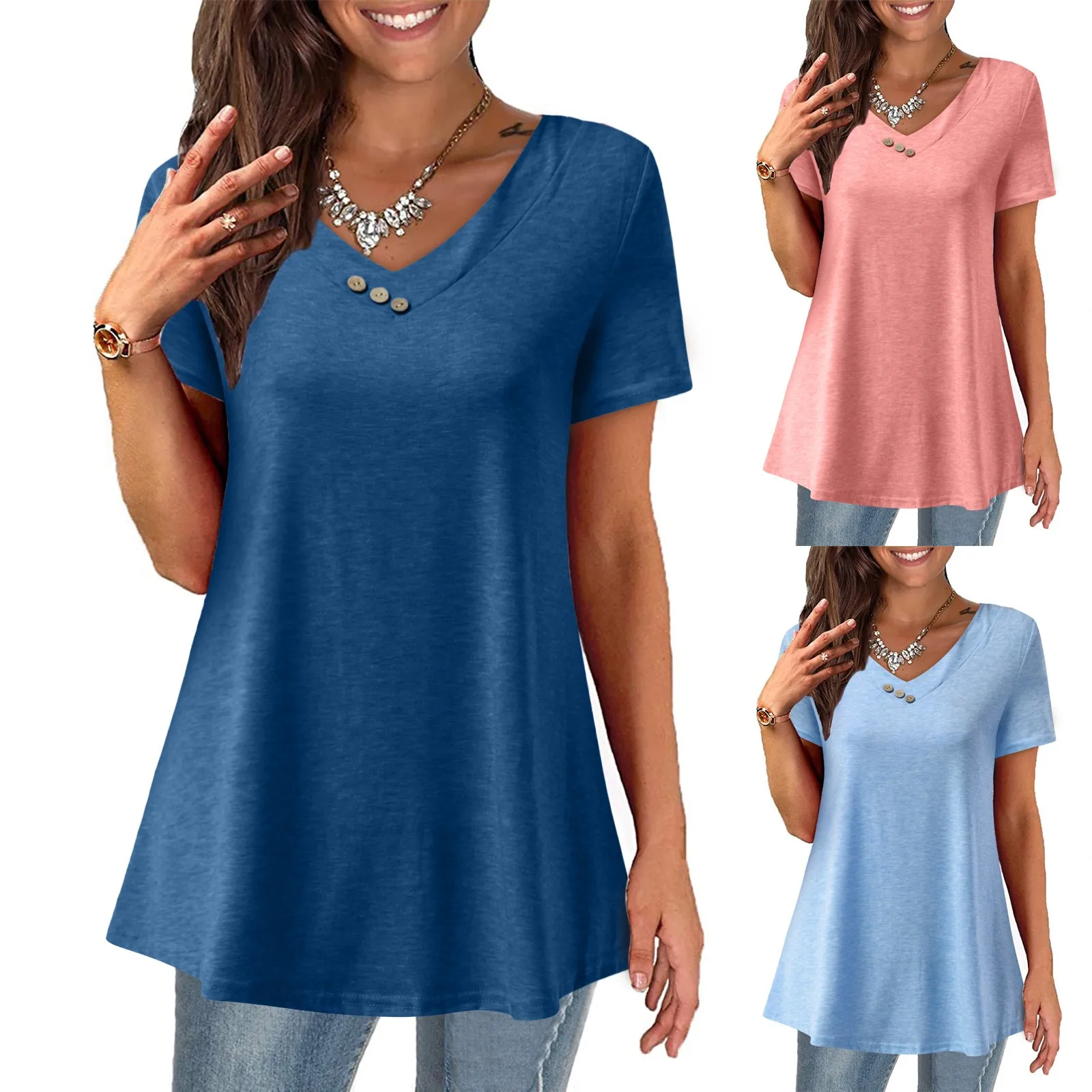 

Fashion Women Solid Color V-Neck Short Sleeve Tank Casual Tunic Tops Summer Women Loose Shirt Tops Vest Blouse Women Shirt Tops