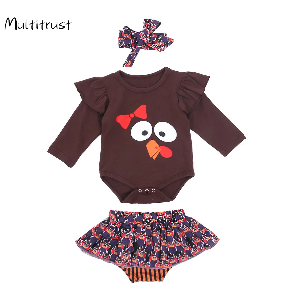 

Infant Baby Girls Thanksgiving 3-piece Outfit Set Ruffles Long Sleeve Bodysuits+Skirt Shorts+Headband Set 3PCS