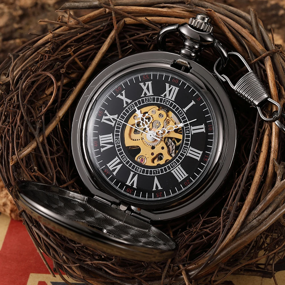 High Quality Fashion Mechanical Pocket Watch Men Hollow Steampunk Heart Love Clock Roman Dial Women Pendant Black reloj Fob Gift