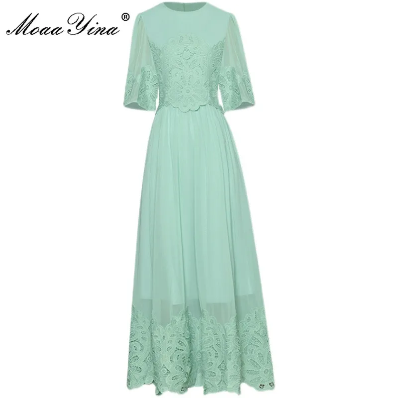 

MoaaYina модное подиумное летнее шифоновое платье трапециевидной формы, женское кружевное лоскутное платье средней длины с рукавом до локтя, о...