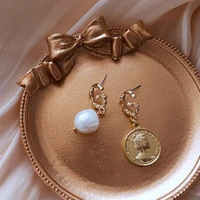 versailles european style coin freshwater pearl earrings 14k gold plated asymmetrical earrings hypoallergenic needles