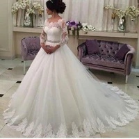 hot sale white long sleeve ball gown wedding dresses tulle applique lace bridal gowns zipper sweep train trouwjurken