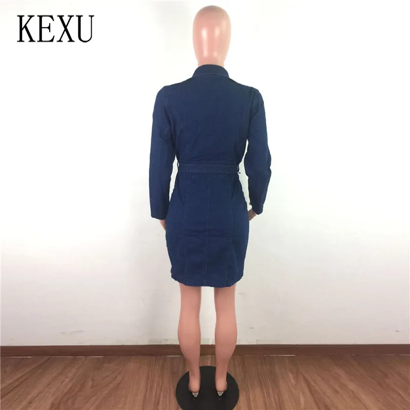 

KEXU Women Denim Shirt Dress Long Sleeve Notched Neck Zipper Up with Sashes Bodycon Street Pencil Dress Vestido De Mujer