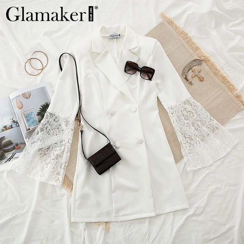 Glamaker, сексуальное кружевное двубортное короткое платье-Блейзер, женское белое осеннее мини-платье с длинным рукавом, женские вечерние облегающие платья для клуба