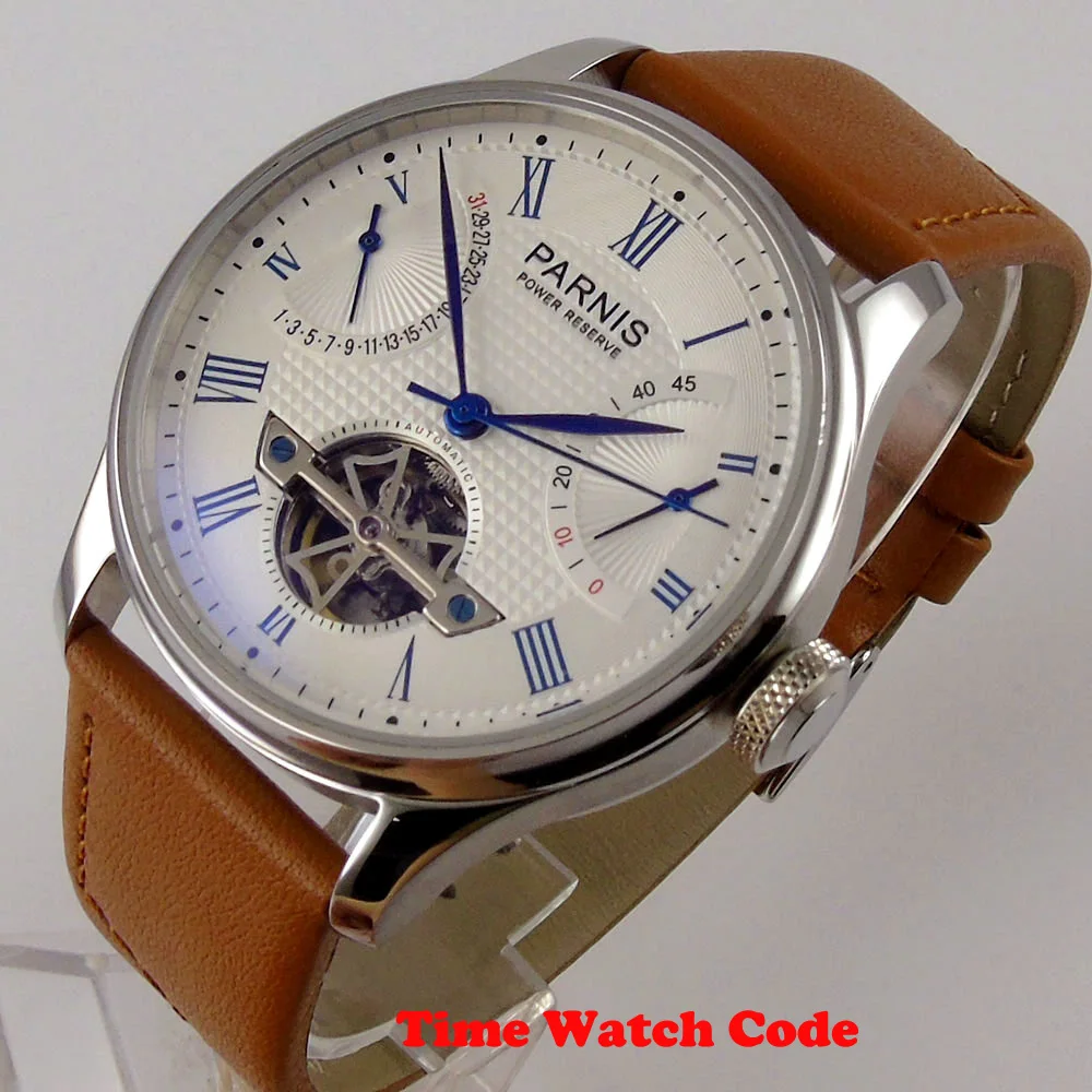 Мужские автоматические часы PARNIS с маховиком белый циферблат индикатор заряда даты полированные синие