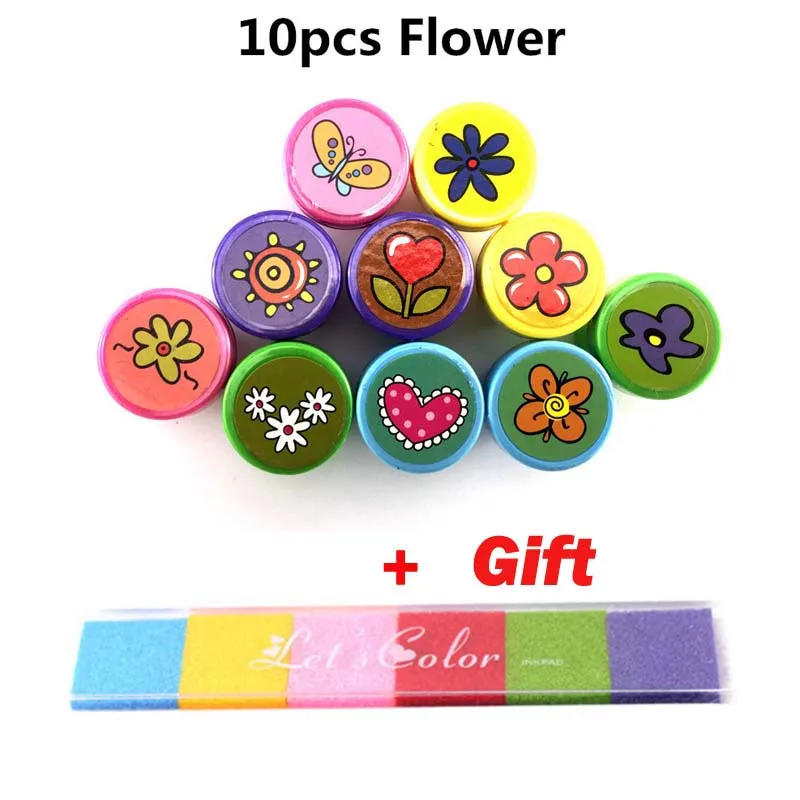 10Pc Flowers x 1 Ink 1 комплект пластиковый прекрасный смайлик Животное штамп с номером игрушка для DIY Декор альбом для вырезок карточки с буквами бумага подарочная игрушка - Цвет: 10Pc Flowers x 1 Ink