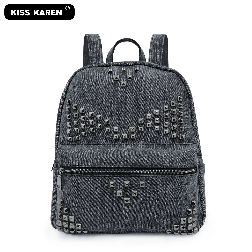 denim black Новинка, винтажный Модный Джинсовый Рюкзак с шипами, женские рюкзаки, женские рюкзаки, сумки, повседневные сумки на плечо - Цвет: denim black