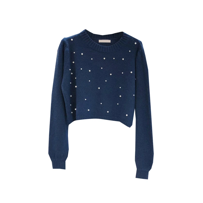 

early autumn pure color sweet bubble sleeve age reduction versatile nail bead short board Pullover Sweater for women