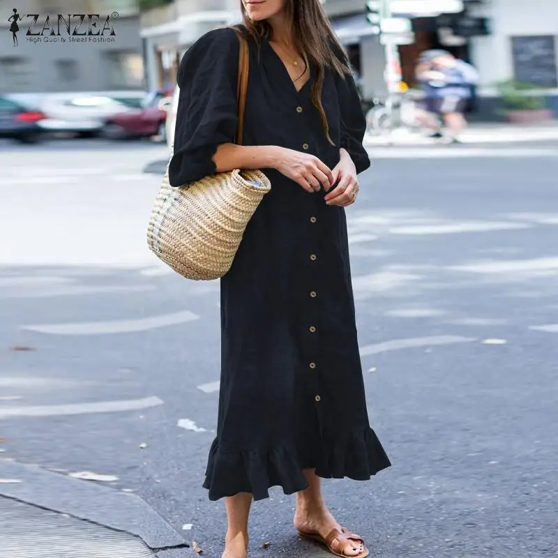 Платье ZANZEA женское на пуговицах с оборками элегантный повседневный Однотонный
