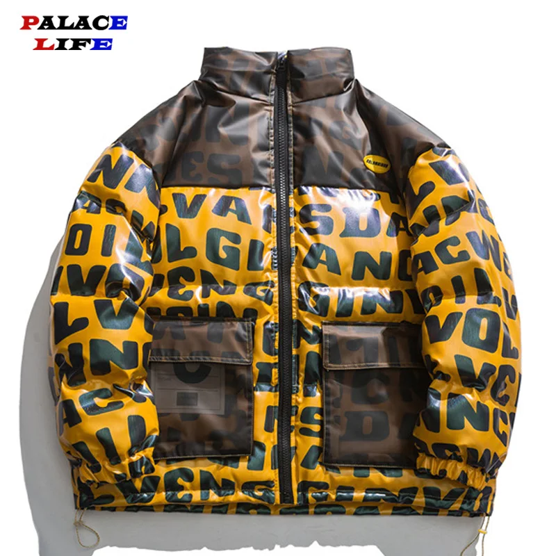 

Warm Winter Parkas Jacket Men Oversize Full Letters Printed Patchwork Coat Thicken Jacket Female Streetwear Loose Bread Outwear