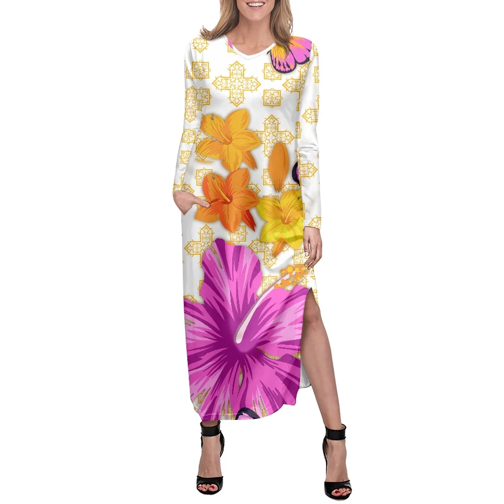

Autumn Fashion Loose Casual Women Long Sleeve Dress Vintage Hibisci Flowers Pattern Design Dress V-neck Female Clothing