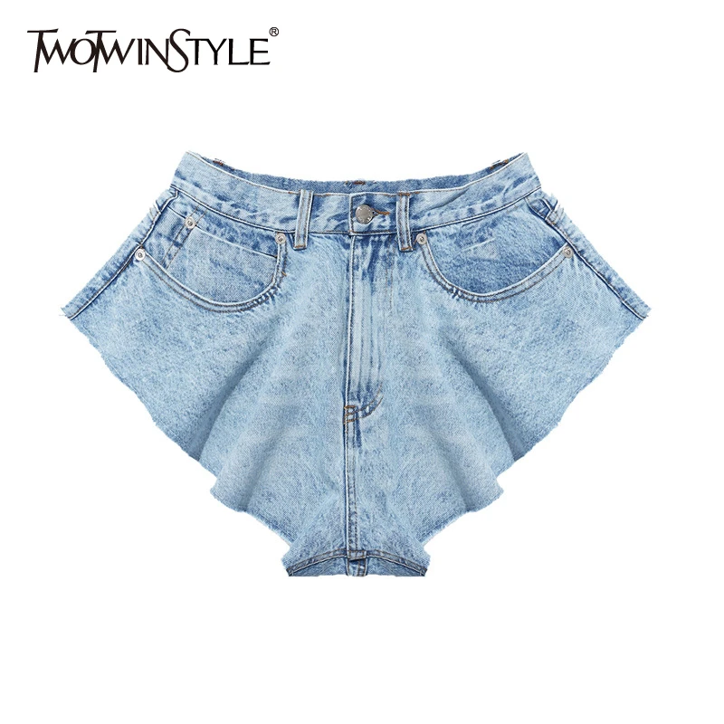 

TWOTWINSTYLE Casual Denim Shorts Skirts High Waist Ruffle Hem Loose Ruched Short Pants Female Fashion Clothing 2020 Spring Tide