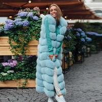 10 section luxury faux fox fur winter vest jacket sleeveless thick warm horizontal striped long style fluffy fake fur overcoat