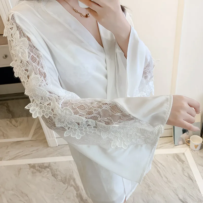 

2PCS Sleep Set Kimono Gown Lady Sexy Perspective Satin Robe Women Lace Patchwork Sleepwear Silky Intimate Lingerie Nightdress