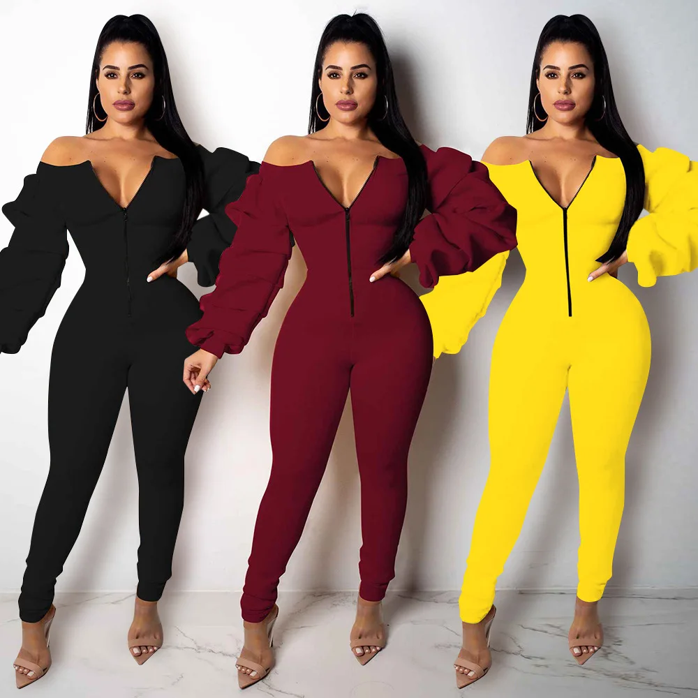 

Women Zipper V-neck Off Shoulder Jumpsuit Elegant Bodycon Long Overalls Jumpsuit Spring Auutmn Streetwear Clubwear Clothes