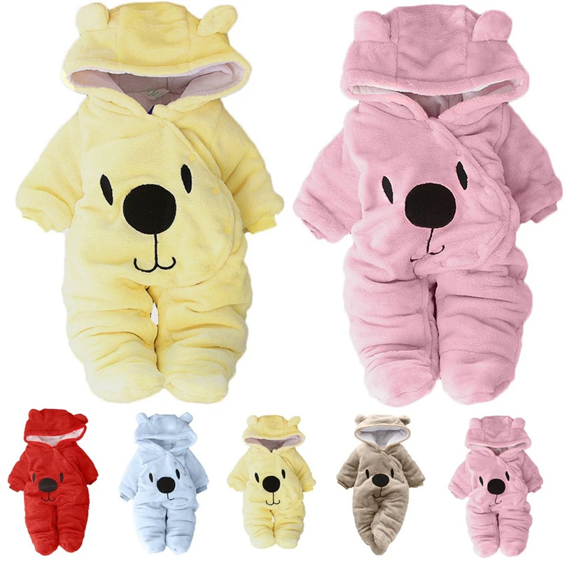 

Newborn Long Sleeve Footies Jumpsuit Infant Baby Boys Girls Cartoon Bear Ears Hooded Winter Velvet Warm Button Clothes 0-12M A20