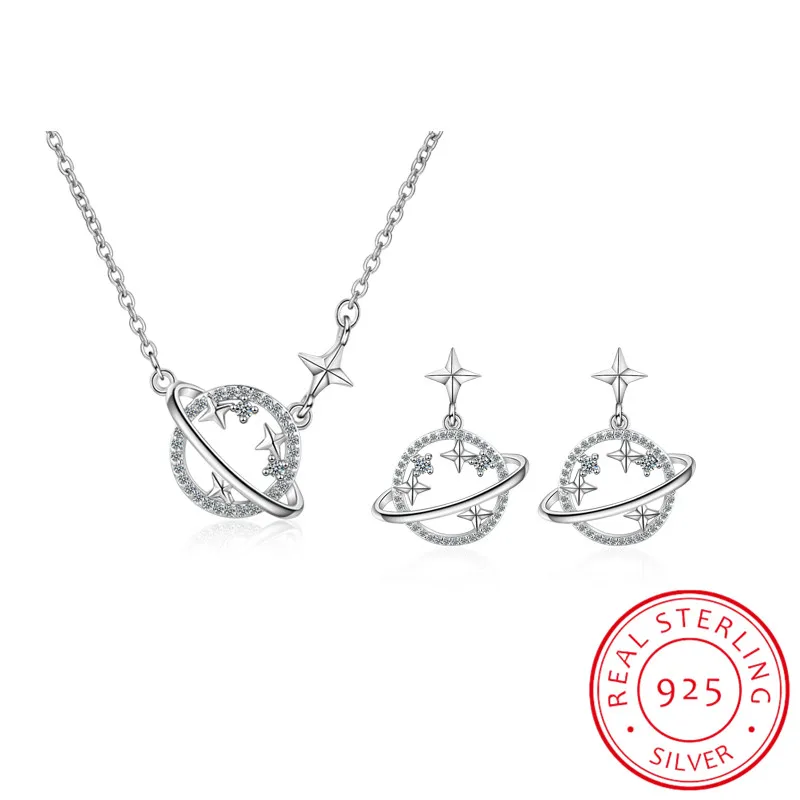 

Glittering Zirconia Universe Planet Star Jewelry Set 925 Sterling Silver Necklace Earring Set For Women Wedding Gift