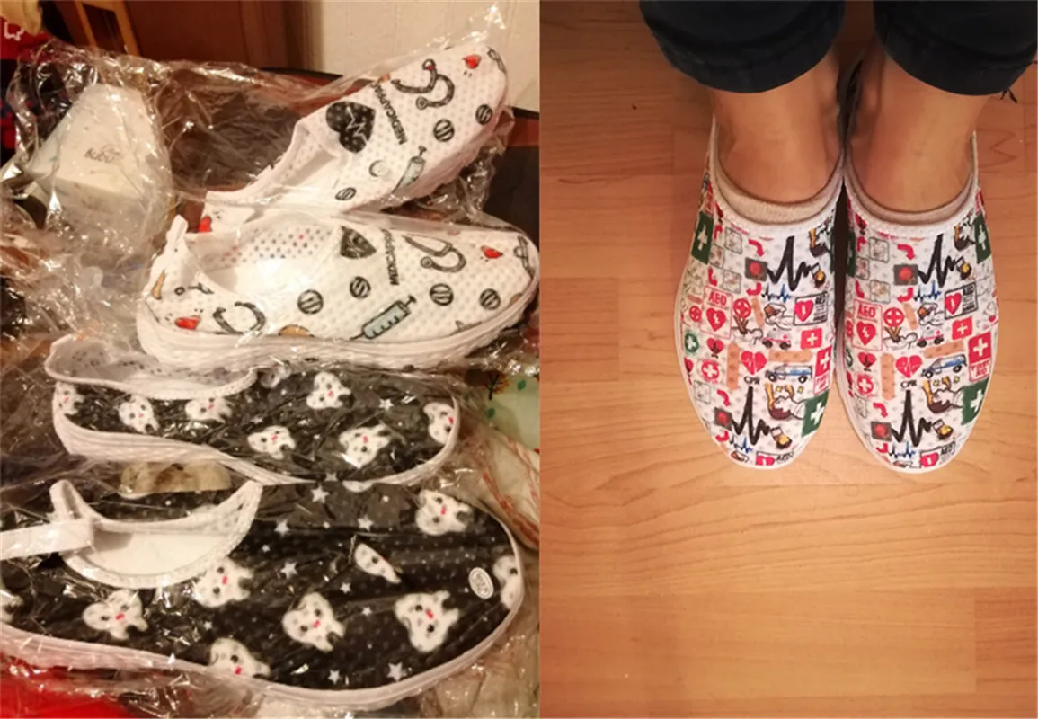 

FORUDESIGNS Flat Nurse Shoes Women Sneakers Cute Cartoon Pattern Flats Air Mesh Sapato Feminino Slip On Mother Shoes 2019 Summer