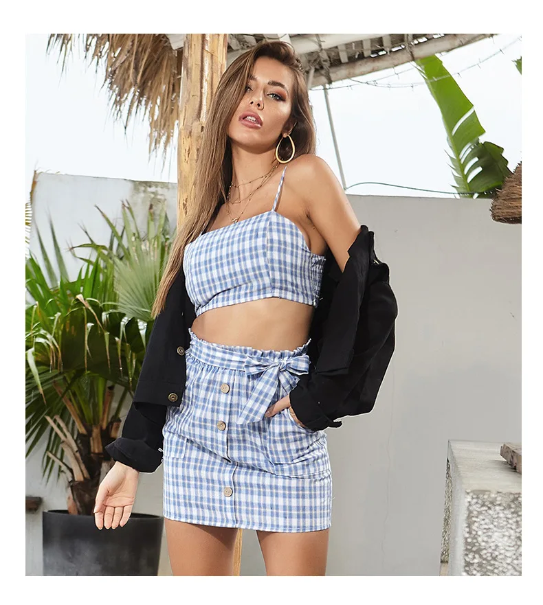 

Plaid Sling Wrapped Chest Mini Skirt Suit Lace Sexy Vest Sleeveless Temperament Sweet Summer New Female Two-Piece Suit